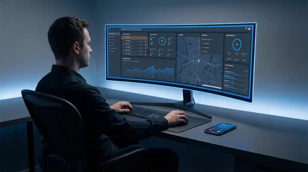 Fleet safety manager reviewing real-time fleet alerts and driver behavior data on a dashboard powered by ZenduIT.