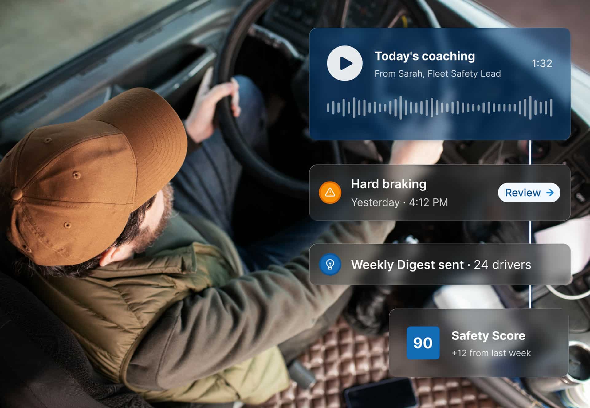 A truck driver at the wheel with ZenCAM coaching overlays: today's audio coaching from the fleet safety lead, a hard-braking event to review, a weekly digest sent to 24 drivers, and a safety score of 90, up 12 from last week