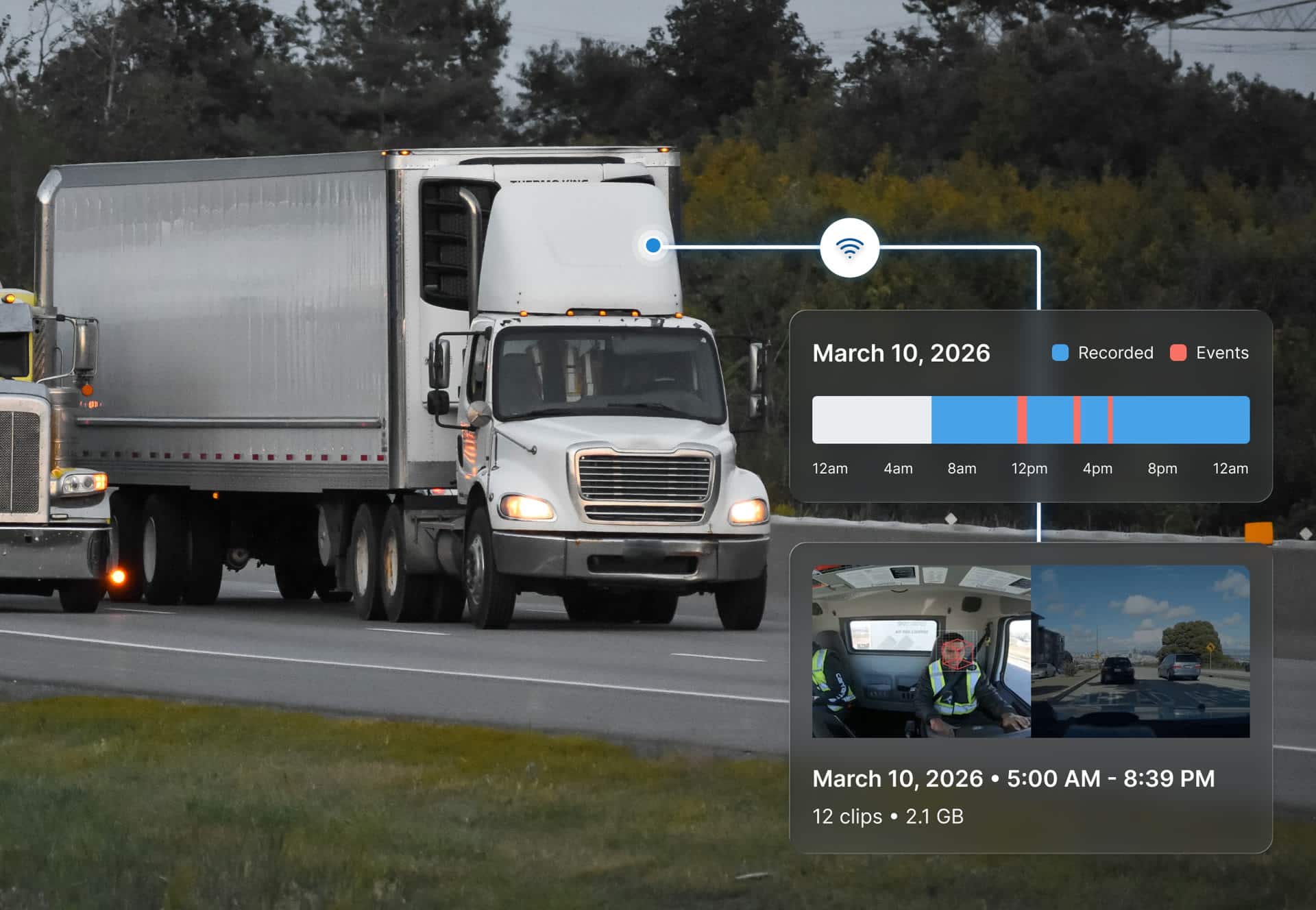 A ZenCAM-equipped truck on the highway with a March 10, 2026 footage timeline showing continuous recording, flagged events, and a full day of clips uploaded to the cloud