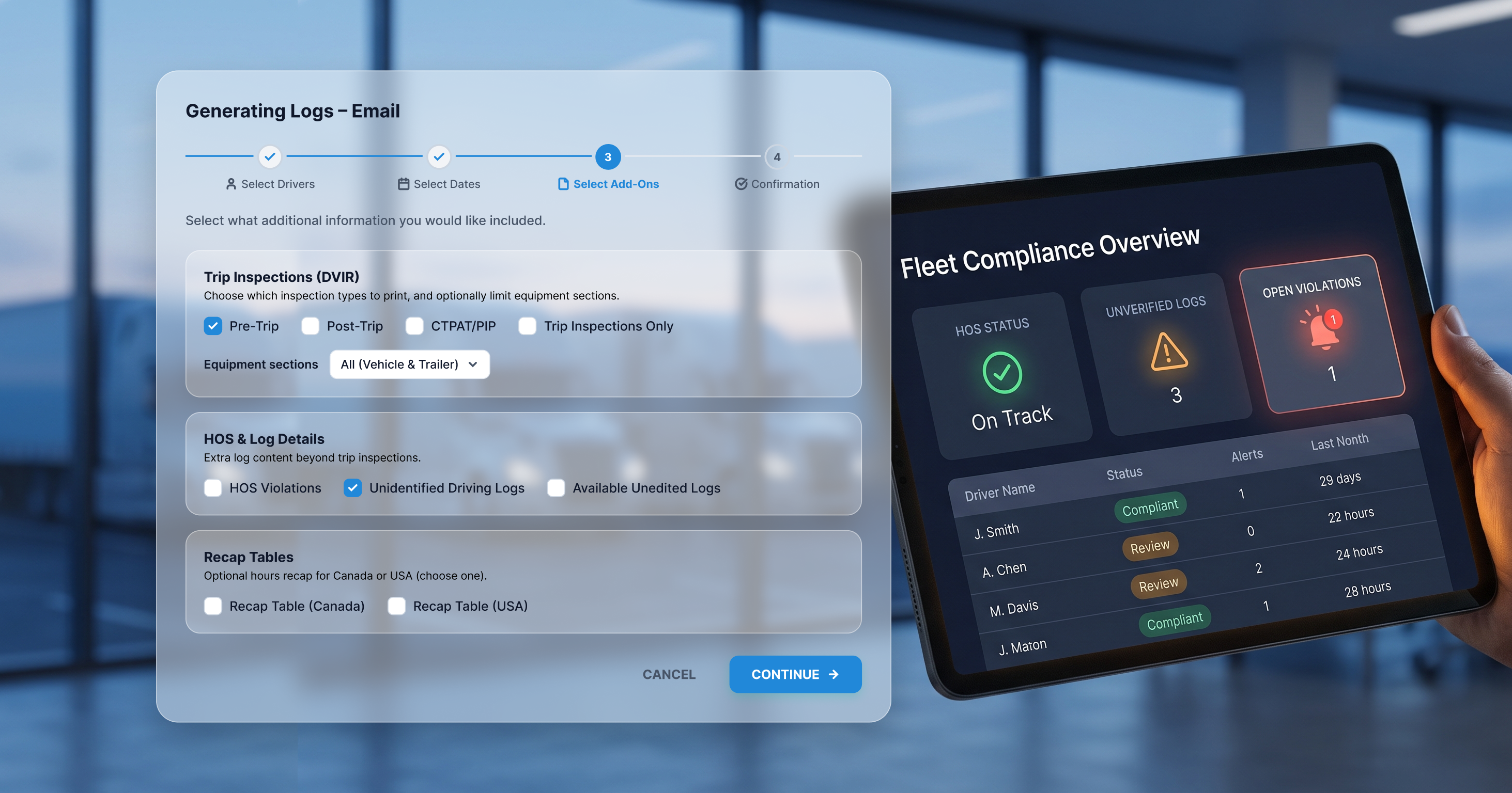 Fleet compliance overview on a tablet